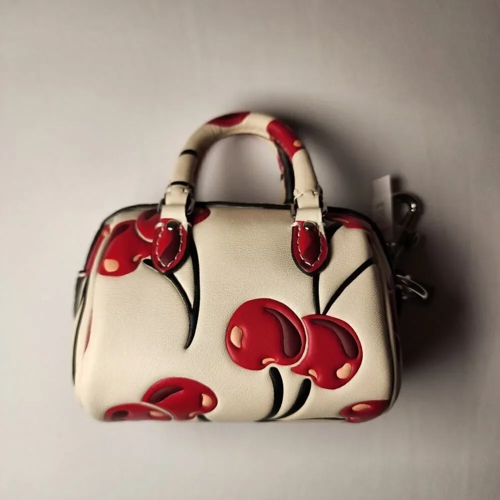 NWT Coach CZ082 Mini Rowan Bag Charm Chalk w/Red Cherry Print Leather